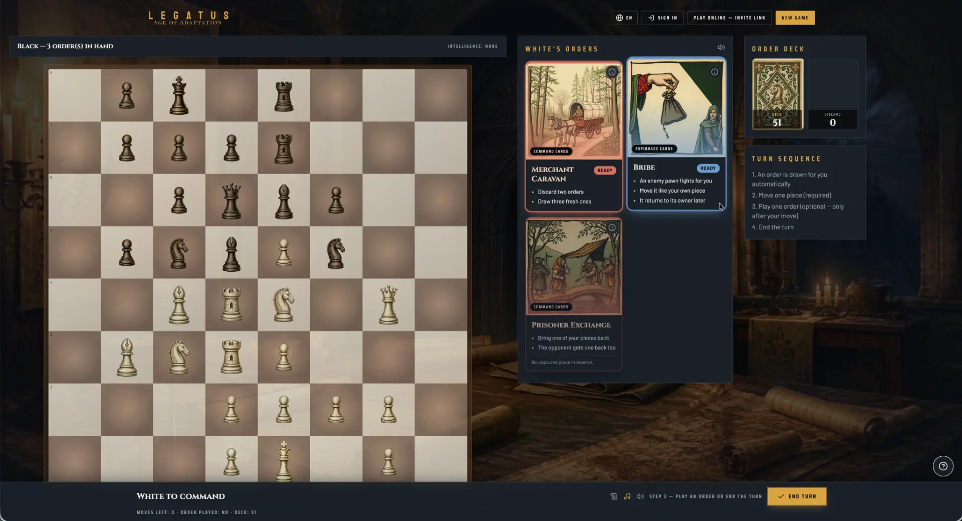 LEGATUS gameplay — the board, command orders, and field report in action