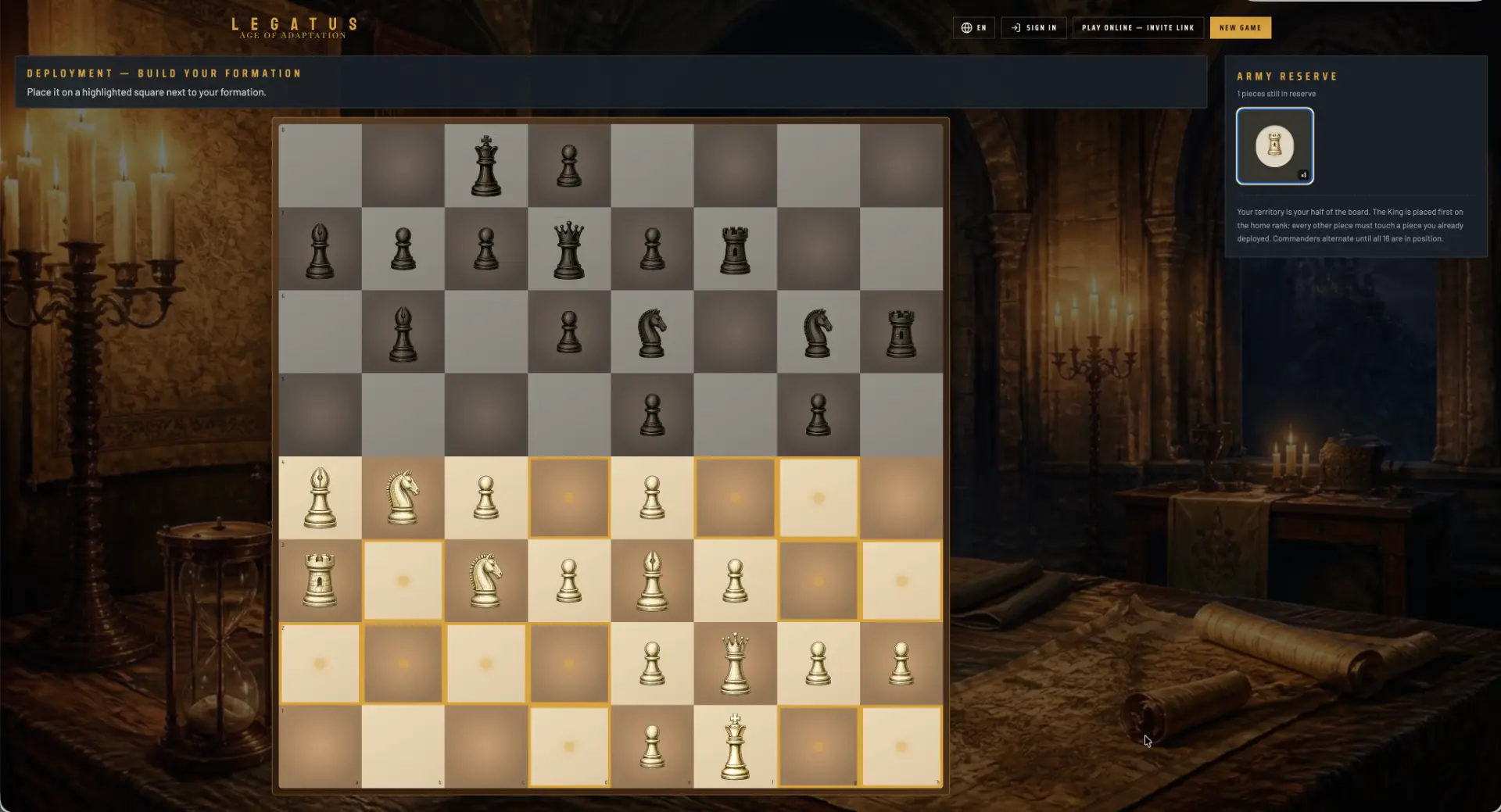 LEGATUS gameplay — the board, command orders, and field report in action
