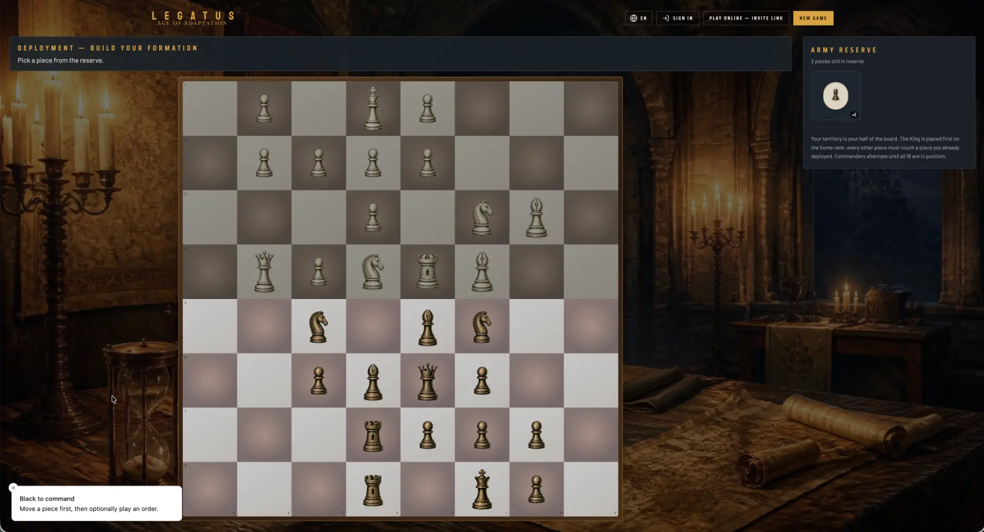 LEGATUS gameplay — the board, command orders, and field report in action